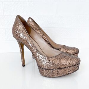 Nine West Womens Fortonight Glitter Classic Platform Stiletto Pump Bronze Sz 7.5